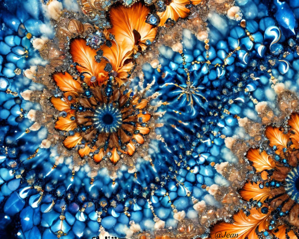 Vibrant Digital Artwork with Blue, Orange, and Gold Patterns