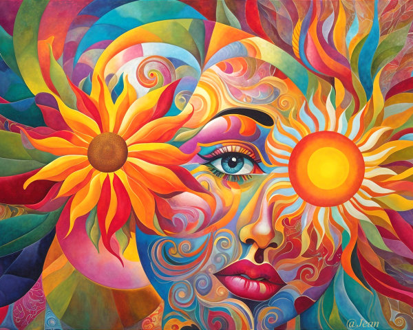 Vibrant Abstract Face with Nature and Light Themes