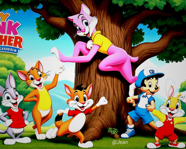 Vibrant Cartoon Characters in Outdoor Adventure Scene
