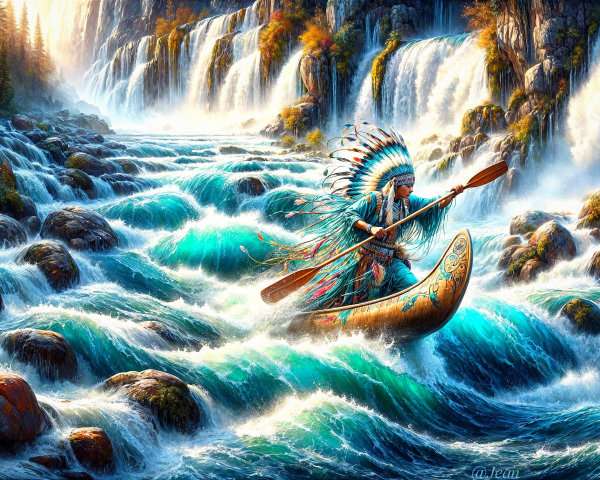 Native American Figure in Canoe on Turbulent River
