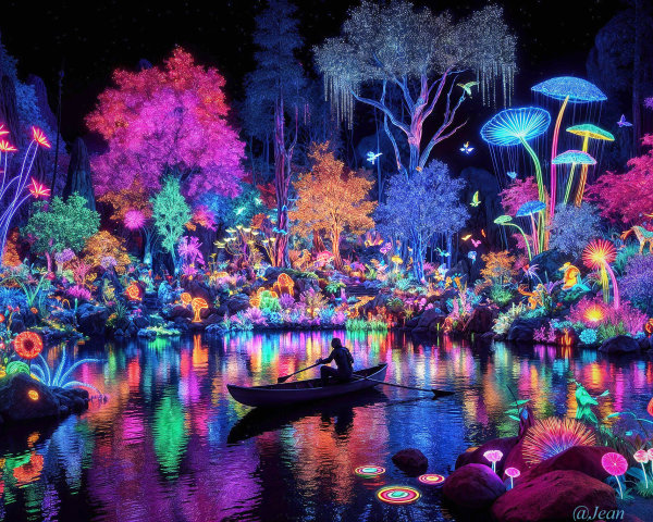 Neon-lit landscape with serene lake and glowing flora
