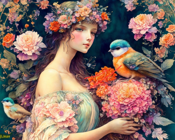 Serene Woman with Floral Crown Surrounded by Roses