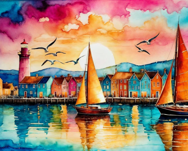 Vibrant Waterfront Sunset with Colorful Houses and Boats