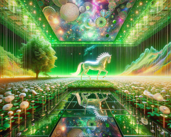 Surreal Landscape with Unicorn and Dreamlike Elements