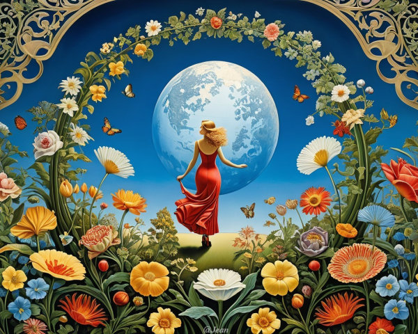 Woman in Red Dress in Lush Flower Garden Scene