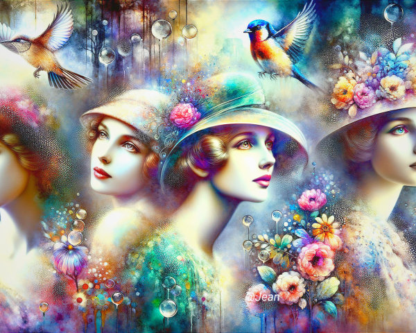 Surreal Composition of Women with Flowers and Bubbles