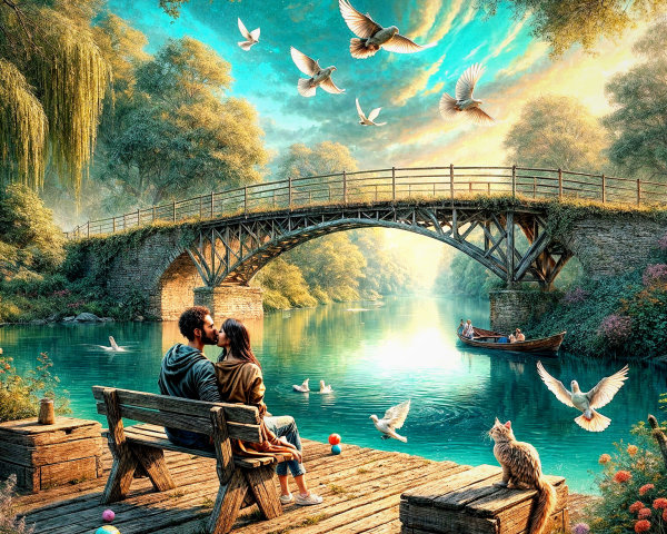 Tranquil River Scene with Couple and Nature Elements