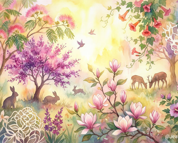 Vivid Watercolor Spring Landscape with Blossoming Trees