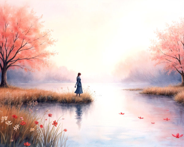 Tranquil Waterway with Blossoming Trees and Figure