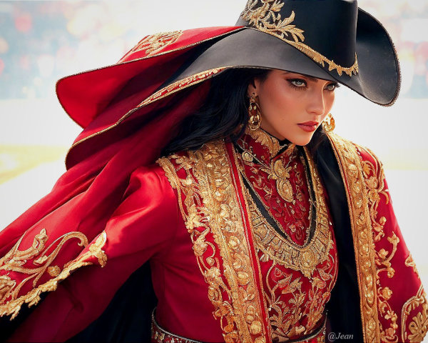 Traditional Red and Gold Outfit with Dramatic Hat