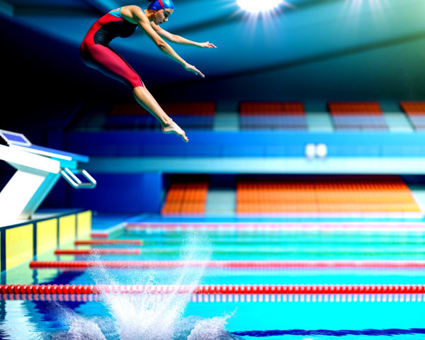 Female Diver in Red Swimsuit Leaping into Pool