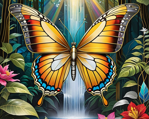 Vibrant Butterfly in Lush Jungle with Waterfall