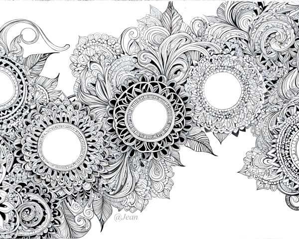 Intricate Black and White Floral Design with Mandalas