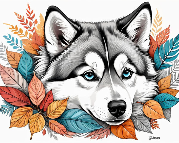 Wolf's Head Surrounded by Vibrant Autumn Leaves