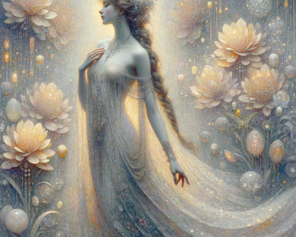 Mystical Figure Surrounded by Ethereal Lotus Flowers