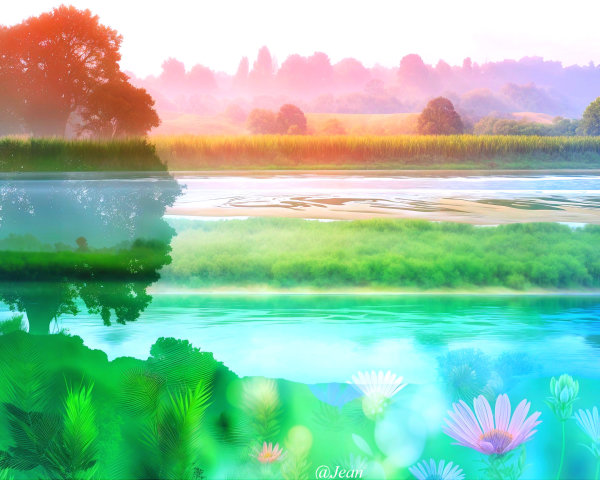 Tranquil Landscape with Vibrant Greenery and Reflection