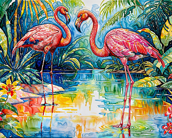 Vibrant Pink Flamingos in Tropical Setting