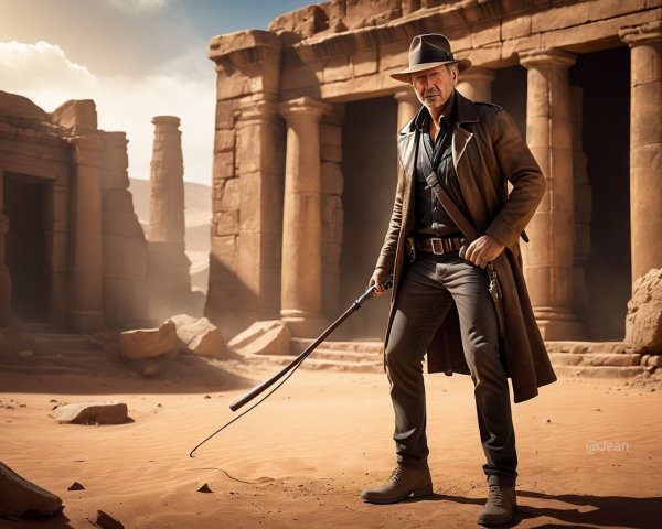 Rugged Adventurer in Desert with Ancient Ruins