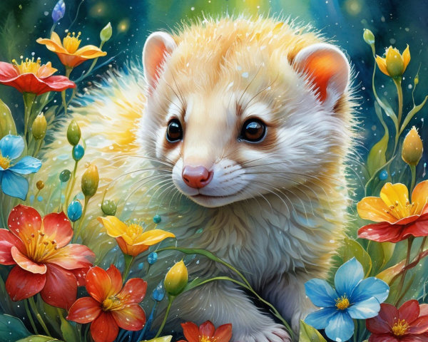 Fluffy Ferret in a Colorful Flower Garden Scene