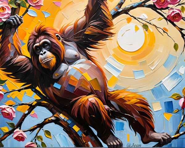 Orangutan on Branch Surrounded by Pink Roses and Sun