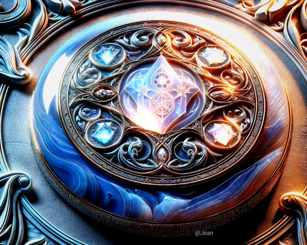 Ornate circular emblem with intricate details and gems