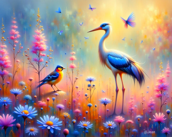 Colorful Landscape with Flowers, Crane, and Butterflies
