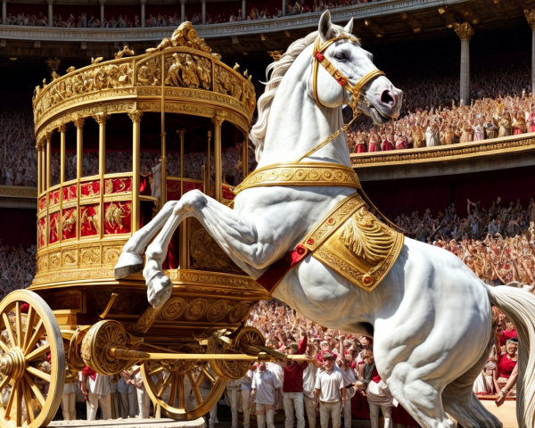 Majestic white horse and golden chariot in ancient arena