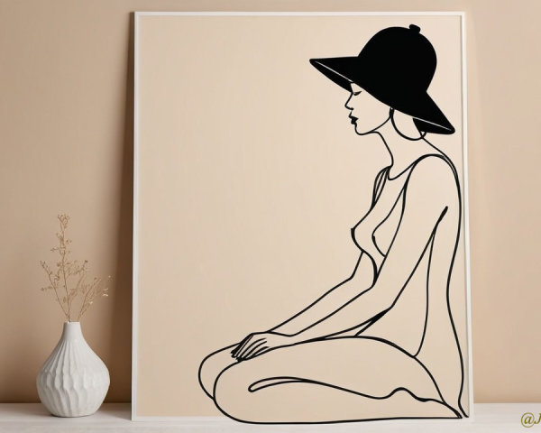 Minimalist Line Art of Woman with Hat and Vase