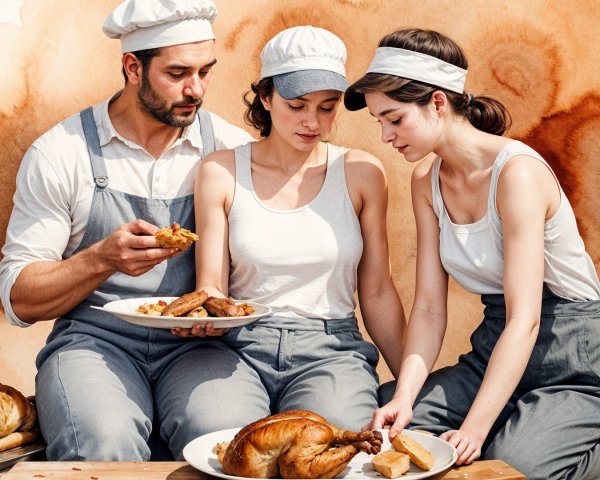 Casual chefs enjoying a meal with roast chicken