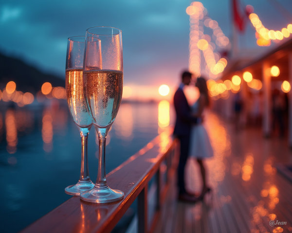 Champagne Glasses and Sunset Embrace on Deck