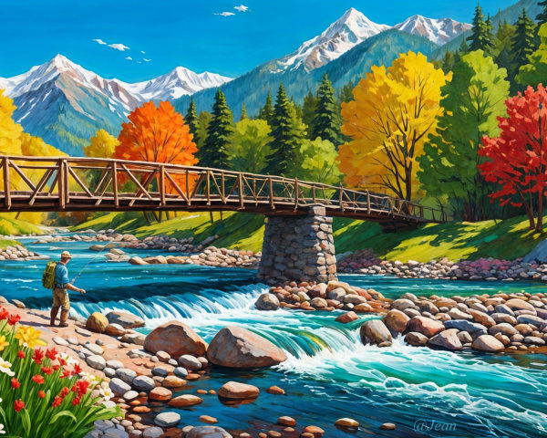 Picturesque River Scene with Bridge and Autumn Foliage
