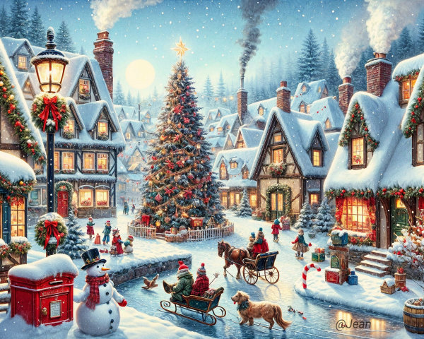 Charming Winter Village Scene with Snow and Decorations