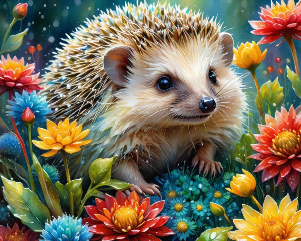 Hedgehog Surrounded by Colorful Flowers in Soft Light