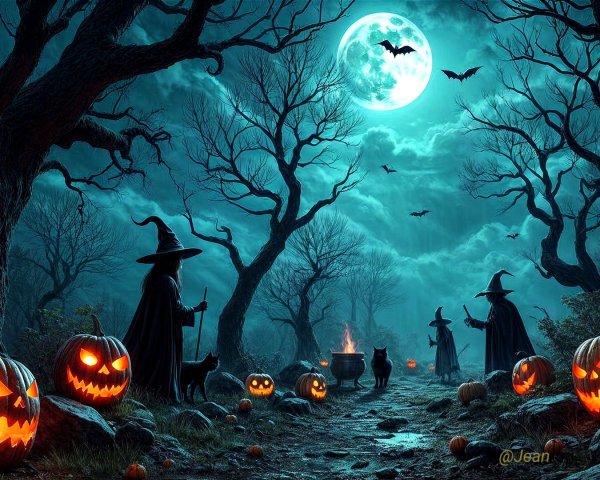 Mystical Halloween Scene in a Dark Forest