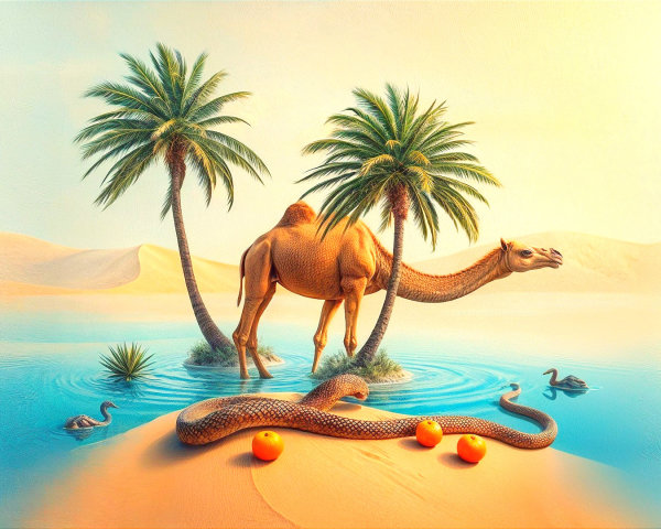 Surreal Desert Scene with Camel and Pond Elements