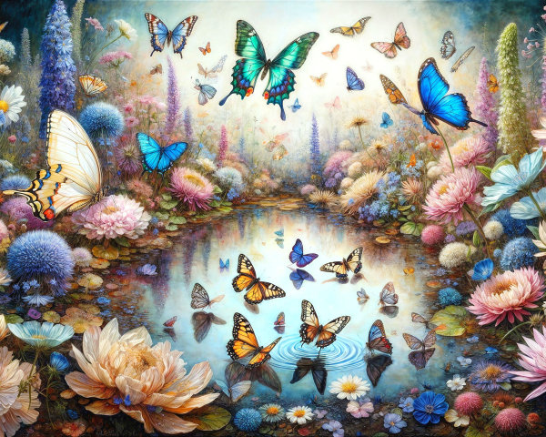 Vibrant Enchanted Garden with Colorful Flowers and Butterflies