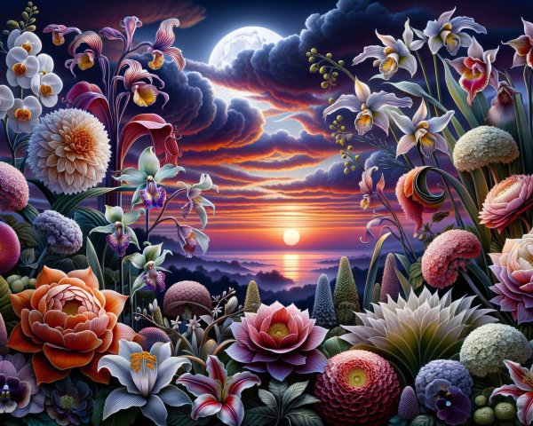Vibrant Floral Scene with Sunset and Dramatic Sky