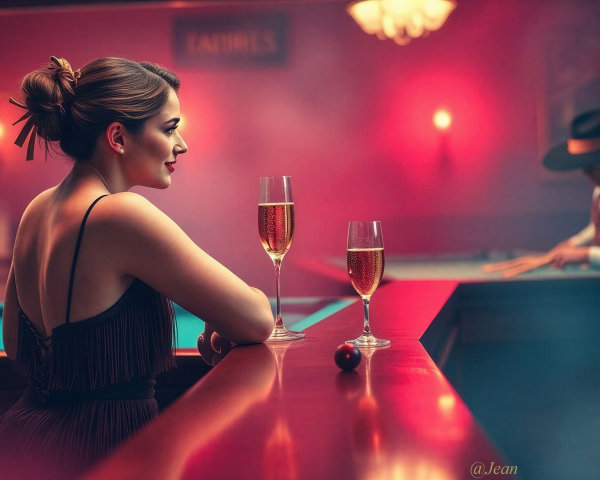 Elegant Woman in Black Dress at a Reflective Bar