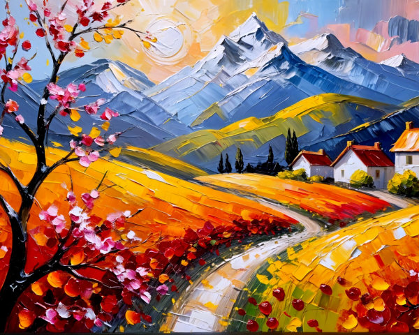 Vibrant Landscape of Hills, Flowers, and Mountains
