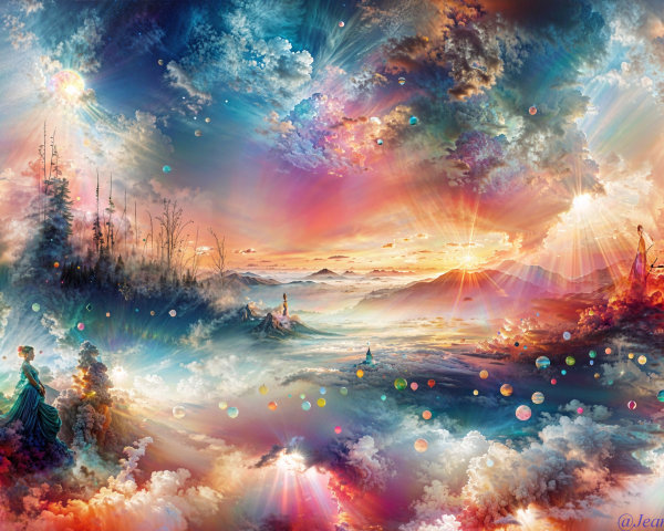 Vibrant Dreamy Landscape with Ethereal Figures
