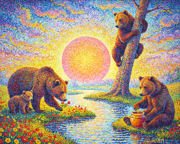 Pointillist Artwork of Bears at Sunset with Flowers