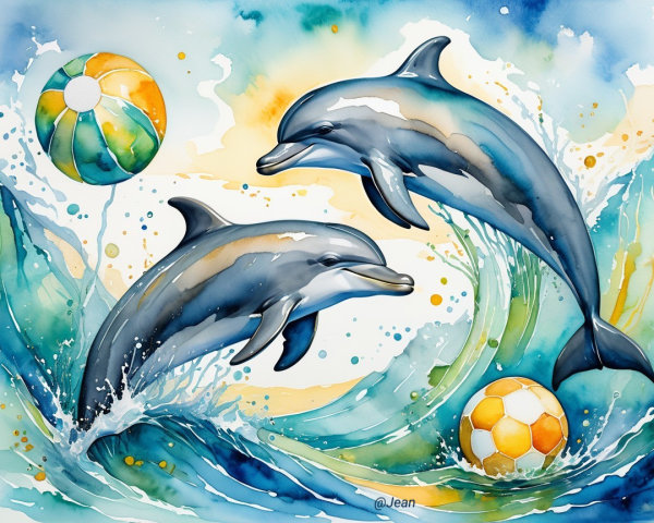 Dolphins Leaping in Colorful Watercolor Waves