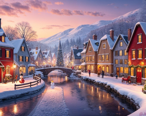 Winter Village Scene with Snow-Covered Canal and Lights