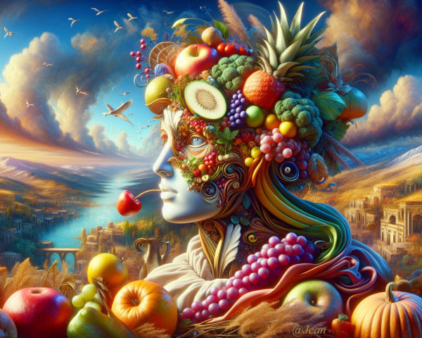 Surreal Figure with Fruit Face in Vibrant Landscape
