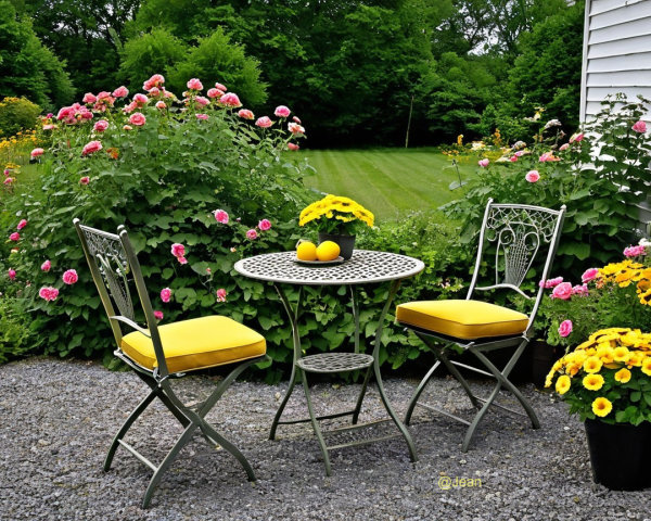 Charming Outdoor Setting with Flowers and Seating