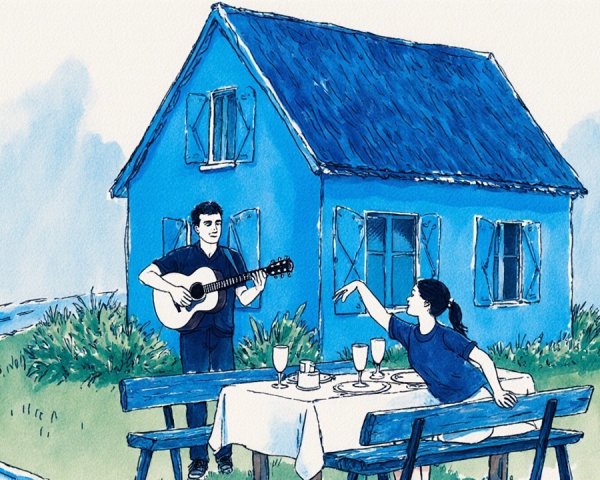 Cozy Blue House with Guitar Player in Serene Setting