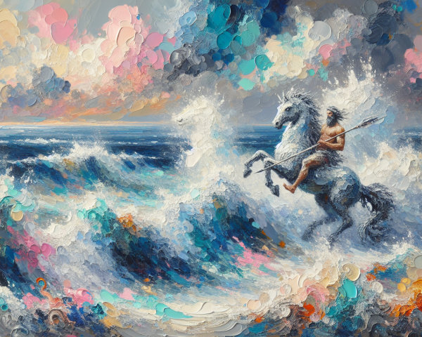 Dynamic Rider on White Horse Amid Ocean Waves