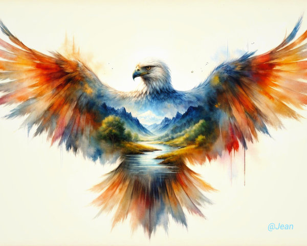 Majestic Eagle with Vibrant Wings Over Scenic Landscape
