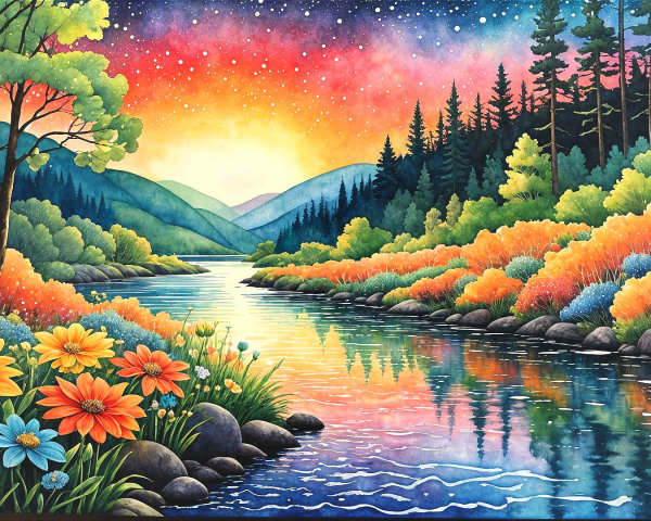 Vibrant Landscape with River, Flowers, and Sunset