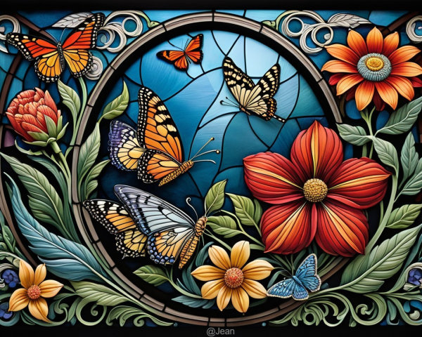 Vibrant Stained Glass Design of Butterflies and Flowers